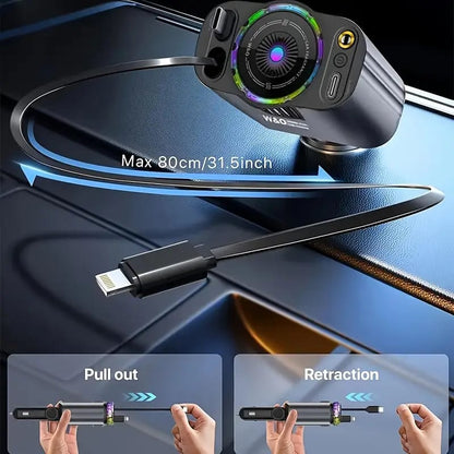 5-in-1 Car Charger with Ambient LED Lighting, PD3.0 Fast Charging, Retractable Cable, Car Air Freshener, Starlight Projector, 45W