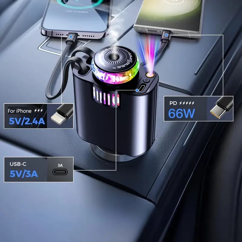 5-in-1 Car Charger with Ambient LED Lighting, PD3.0 Fast Charging, Retractable Cable, Car Air Freshener, Starlight Projector, 45W