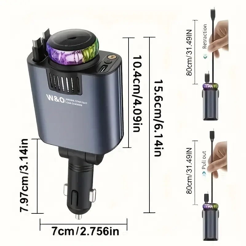 5-in-1 Car Charger with Ambient LED Lighting, PD3.0 Fast Charging, Retractable Cable, Car Air Freshener, Starlight Projector, 45W