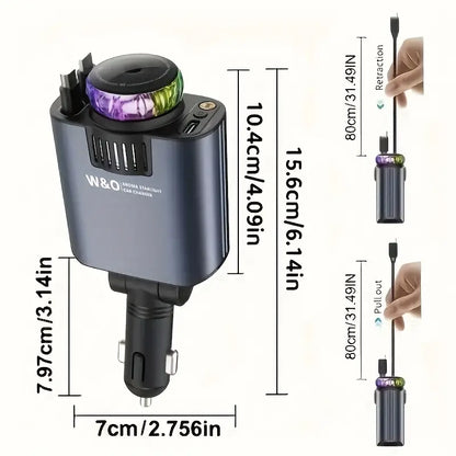 5-in-1 Car Charger with Ambient LED Lighting, PD3.0 Fast Charging, Retractable Cable, Car Air Freshener, Starlight Projector, 45W