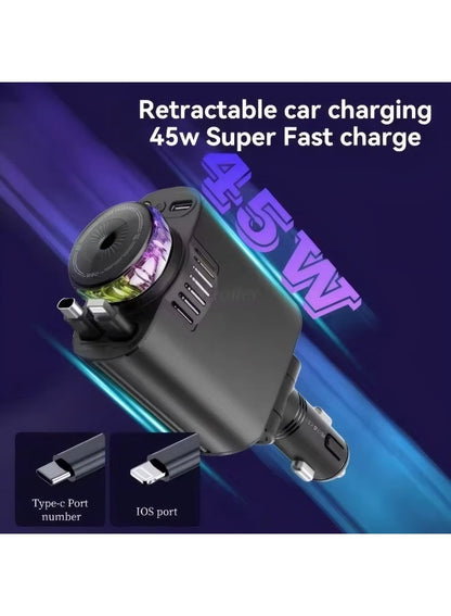 5-in-1 Car Charger with Ambient LED Lighting, PD3.0 Fast Charging, Retractable Cable, Car Air Freshener, Starlight Projector, 45W