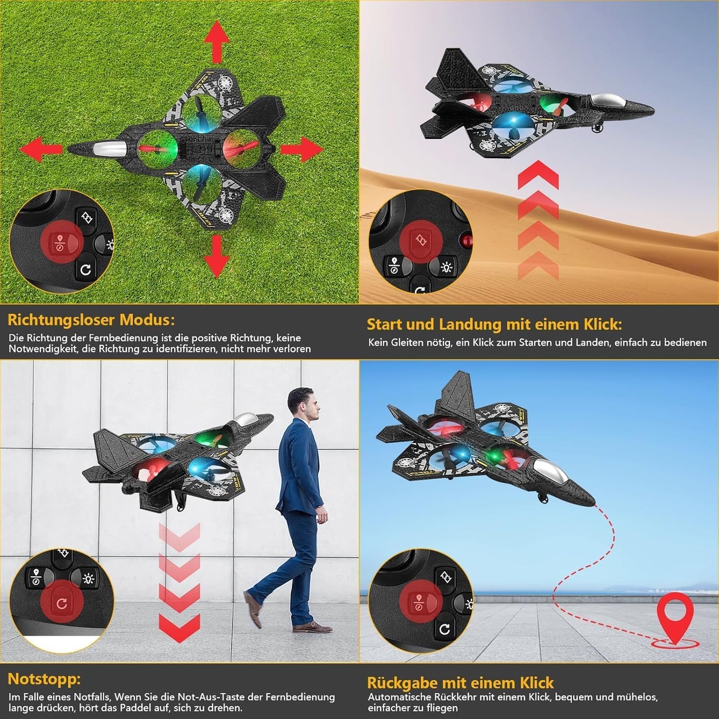 RC Plane RED, 2.4GHz Remote Controlled Aeroplane L0712 Quadcopter Fighter Aircraft, Aeroplane with LED Lights, 80m Range,Ideal for Beginners, Children, and Adults, USB Charging,Durable Foam Fight